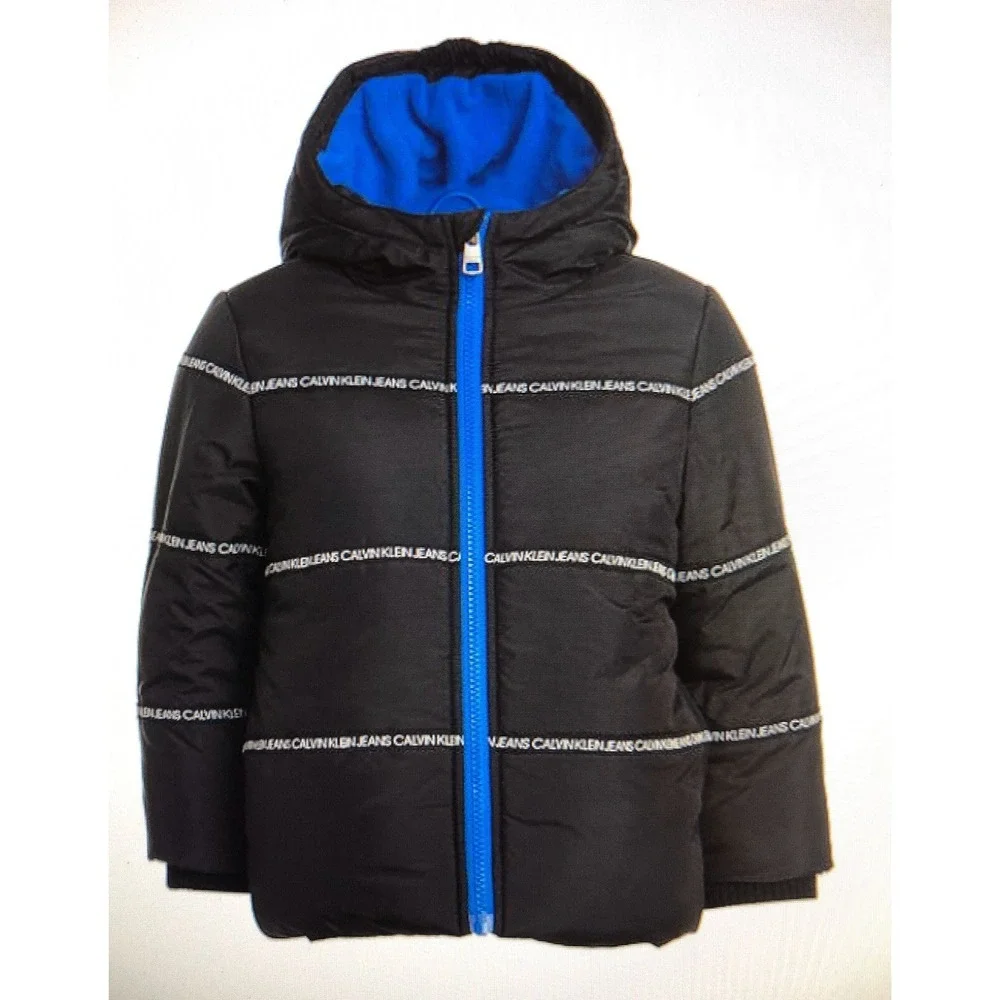 Calvin Klein Toddler Boys Sz 4 Hooded Logo Stripe Bubble Puffer Coat jacket NWT - Picture 4 of 6
